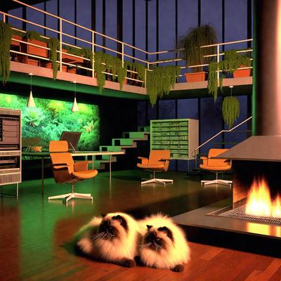 The primary subject of the image is a room with a fireplace, where two white cats are sitting. The setting is an indoor space with a fireplace, chairs, and a dining table. The visual style is a digital art or illustration, creating a cozy and warm atmosphere. The colors are predominantly white and orange, with the fireplace providing a warm glow.